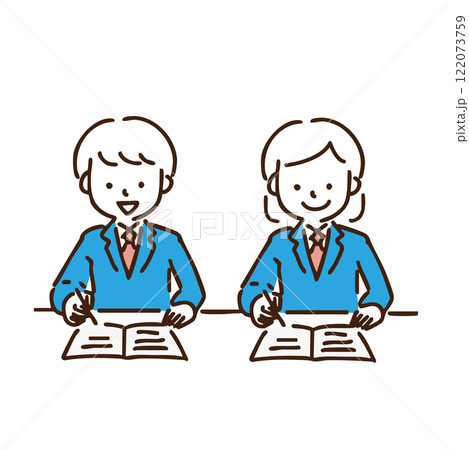 2人で並んでノートで勉強をする男女の学生　イラスト 122073759