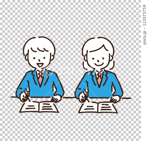 2人で並んでノートで勉強をする男女の学生　イラスト 122073759