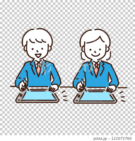 兩位男女學生並排使用平板電腦的插圖 122073760