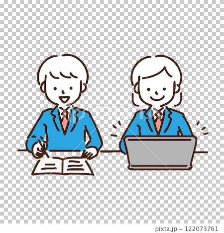 Illustration of two male and female students using a tablet and a notebook side by side Illustration of two male and female students using a tablet and a notebook side by side 122073761