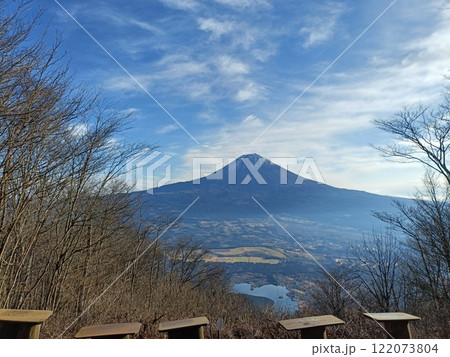 山梨百名山長者ヶ岳山頂から見る富士山と富士樹海 122073804