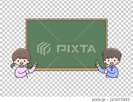 Boy and girl pointing at blackboard, upper body Boy and girl pointing at blackboard, upper body 122073843