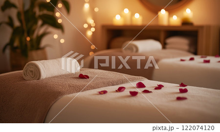Two spa couches with rose petals, candles, towel. Nice atmosphere. Mocha Mousse. spa center, spa complex, Resot, holidays 122074120
