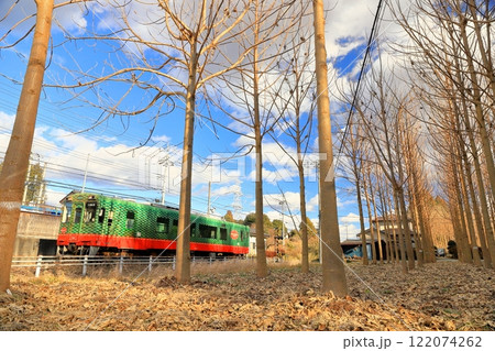 真岡鐵道「冬木立ちと普通列車モオカ14」青空背景に 122074262