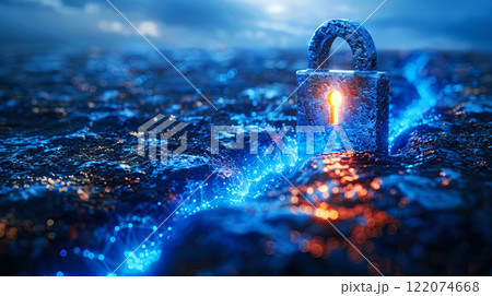 Sparkle blue light shining on master key and lock on the ground cracks in the lava. Cyber security technology lock digital padlock representing data encryption and network protection. Online privacy 122074668