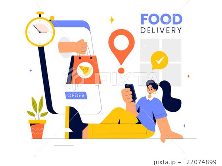 Food Delivery Service Illustration Featuring Online Food Ordering through a Mobile App and Fast Delivery to Your Preferred Location in a Background 122074899