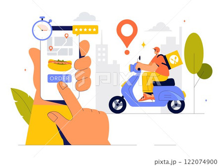 Food Delivery Service Illustration Featuring Online Food Ordering through a Mobile App and Fast Delivery to Your Preferred Location in a Background Food Delivery Service Illustration Featuring Online Food Ordering through a Mobile App and Fast Delivery to Your Preferred Location in a Background 122074900