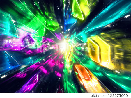 黒い背景に飛び散るカラフルな破片の3dイラスト 122075000