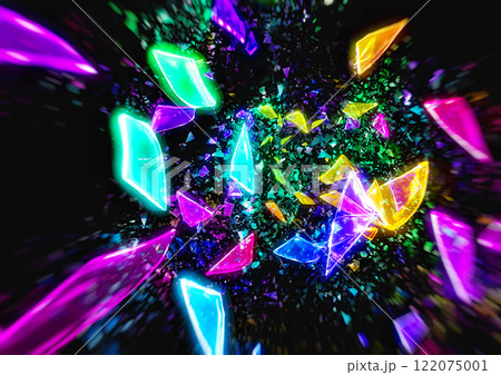 黒い背景に飛び散るカラフルな破片の3dイラスト 122075001