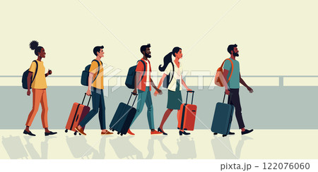 A variety of travelers are seen walking through an airport terminal, each carrying their luggage 122076060
