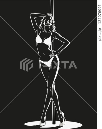 Sexy girl dancing striptease on pole black and white silhouette 122076095
