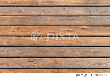 Wooden floor made of rough planks, front view, background texture 122076144