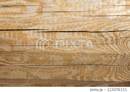 Natural new pine log with cracks, close-up background texture 122076153