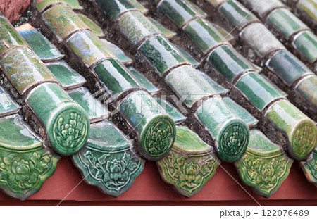 Close up of roof of Buddhist temple Close up of roof of Buddhist temple 122076489