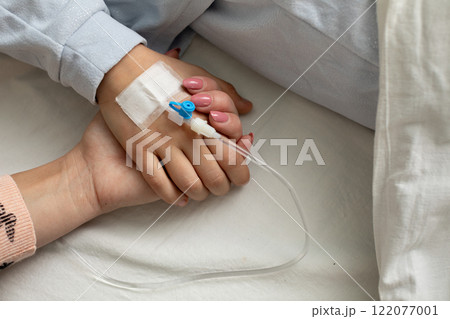 Tender Moment Holding Hands Together in a Hospital Setting for Comfort and Support 122077001
