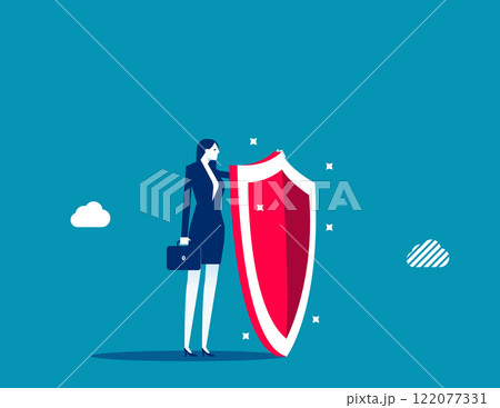 Protect. Businesswoman have a shield protecting money Protect. Businesswoman have a shield protecting money 122077331