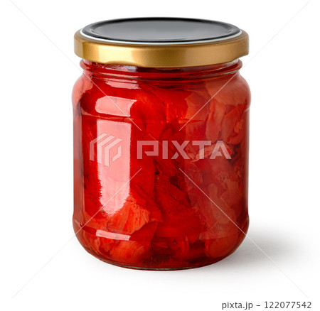 Red pickled ginger in a glass jar 122077542