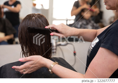 A skilled hairstylist working on a clients hair in a modern salon, showcasing elegance A skilled hairstylist working on a clients hair in a modern salon, showcasing elegance 122077777