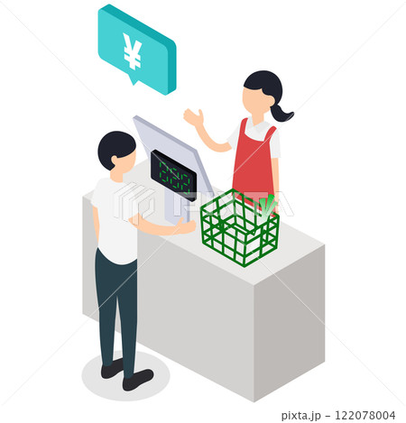 スーパーマーケットでの買い物客（男性）と店員のレジ風景イラスト 122078004