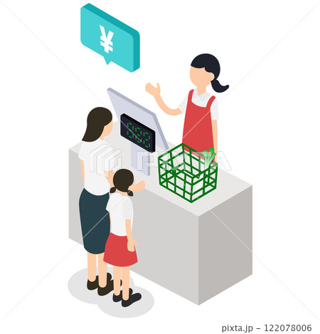 スーパーマーケットでの買い物客（子供連れ）と店員のレジ風景イラスト 122078006