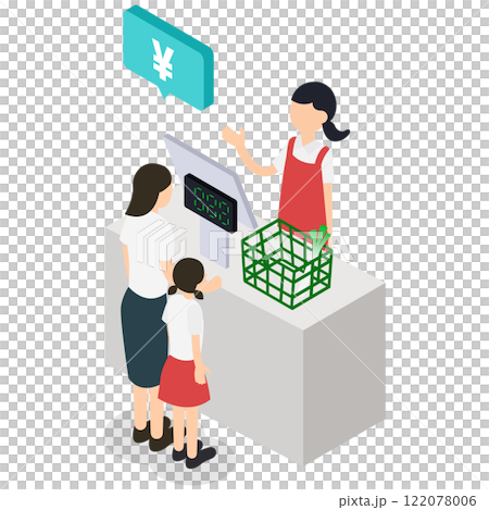 スーパーマーケットでの買い物客（子供連れ）と店員のレジ風景イラスト 122078006