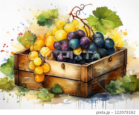Yellow and red grape with green leaves in the wooden box Yellow and red grape with green leaves in the wooden box 122078162