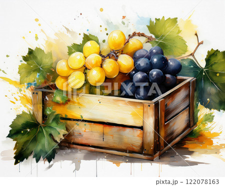 Yellow and red grape with green leaves in the wooden box Yellow and red grape with green leaves in the wooden box 122078163