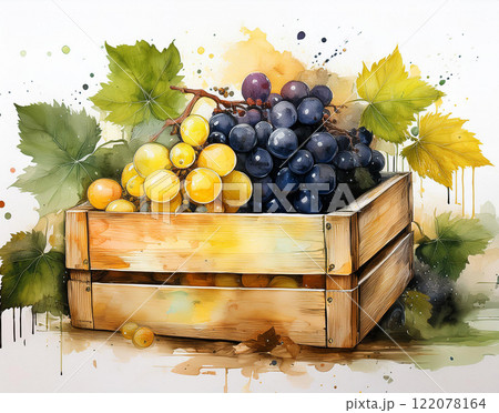 Yellow and red grape with green leaves in the wooden box 122078164