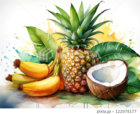 Tropical fruits: bananas, coconut, pineapple 122078177