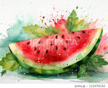 Fresh sweet watermelon with green leaves 122078182