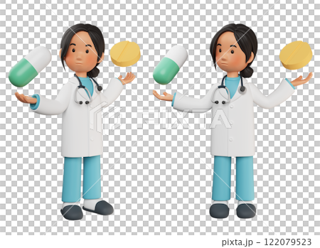female doctor character with medicine in both hands 3D graphic 122079523