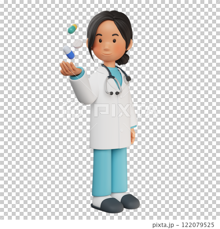 female doctor character holding medicine in one hand 3D graphic 122079525
