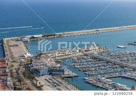 Aerial view of large marina in the mediterranean Aerial view of large marina in the mediterranean 122080258