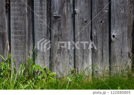 Green grass on the background of a vertical wooden wall made of old boards. Background for the presentation. 122080805