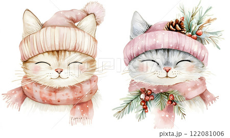 Boho Christmas cat clipart with festive accessories 122081006