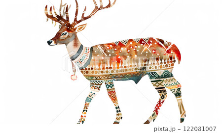 Boho Christmas deer clipart with tribal-patterned 122081007