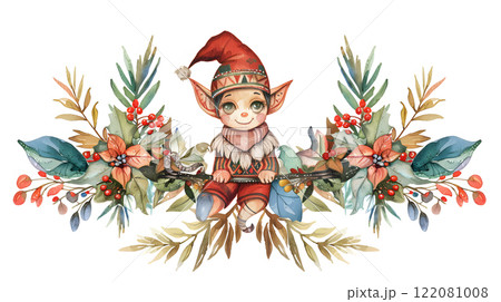 Boho Christmas elf clipart with tribal accents waterer color 122081008