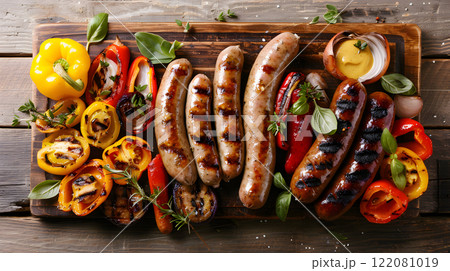 Grilled food, Platter of grilled sausages with mustard Grilled food, Platter of grilled sausages with mustard 122081019