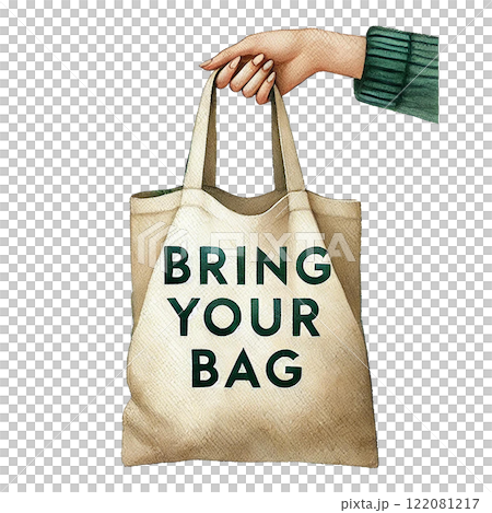 A hand holding a reusable shopping bag promoting sustainability. Eco-Friendly concept 122081217