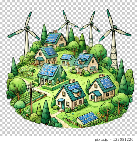 Eco-friendly village with solar panels and wind turbines. Eco-Friendly concept 122081226