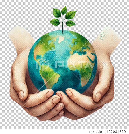 Hands holding a globe with a growing plant symbolizing care. Eco-Friendly concept 122081230