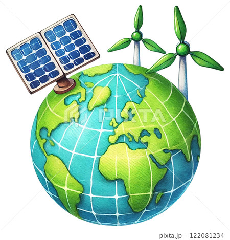 Illustration of a globe with renewable energy symbols. Eco-Friendly concept 122081234