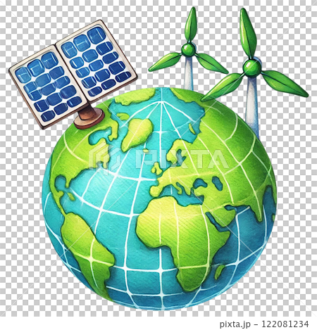 Illustration of a globe with renewable energy symbols. Eco-Friendly concept 122081234