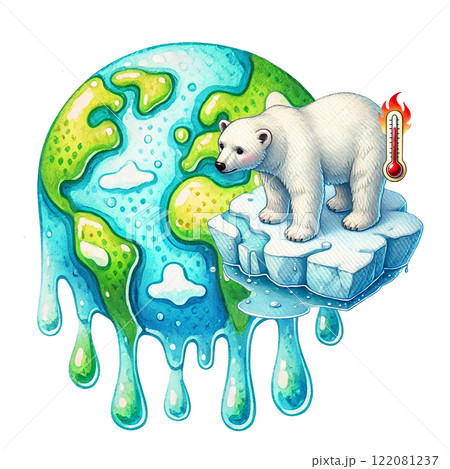 Illustration of a polar bear on melting ice highlighting climate change. Eco-Friendly concept Illustration of a polar bear on melting ice highlighting climate change. Eco-Friendly concept 122081237
