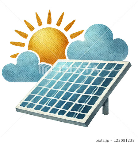 Illustration of a solar panel under a sunny sky and clouds. Eco-Friendly concept Illustration of a solar panel under a sunny sky and clouds. Eco-Friendly concept 122081238