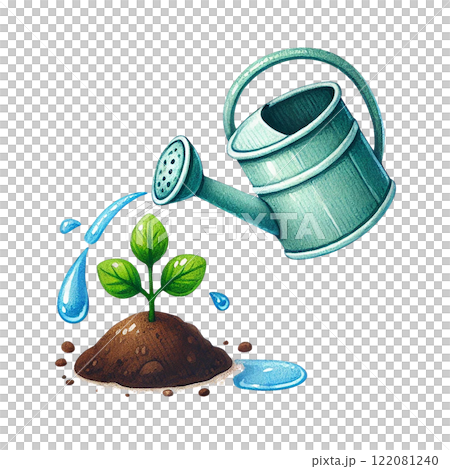 Watering can nourishing a young plant in bright and vibrant colors. Eco-Friendly concept 122081240