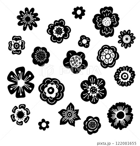Vector set of black silhouettes of flowers clip art in naive style for icons. Monochrome collection of hand drawn doodle flowers Vector set of black silhouettes of flowers clip art in naive style for icons. Monochrome collection of hand drawn doodle flowers 122081655