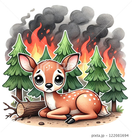 A sad deer amid forest flames, symbolizing environmental crisis. Eco-Friendly cartoon concept 122081694