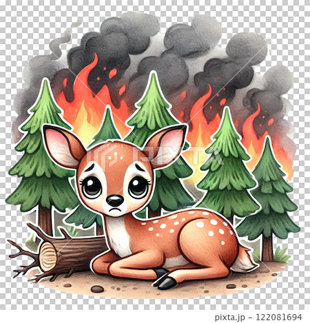 A sad deer amid forest flames, symbolizing environmental crisis. Eco-Friendly cartoon concept 122081694