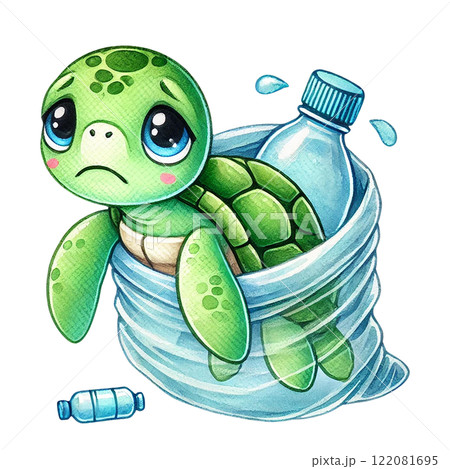 A sad turtle trapped in plastic waste, highlighting environmental issues. Eco-Friendly cartoon concept 122081695
